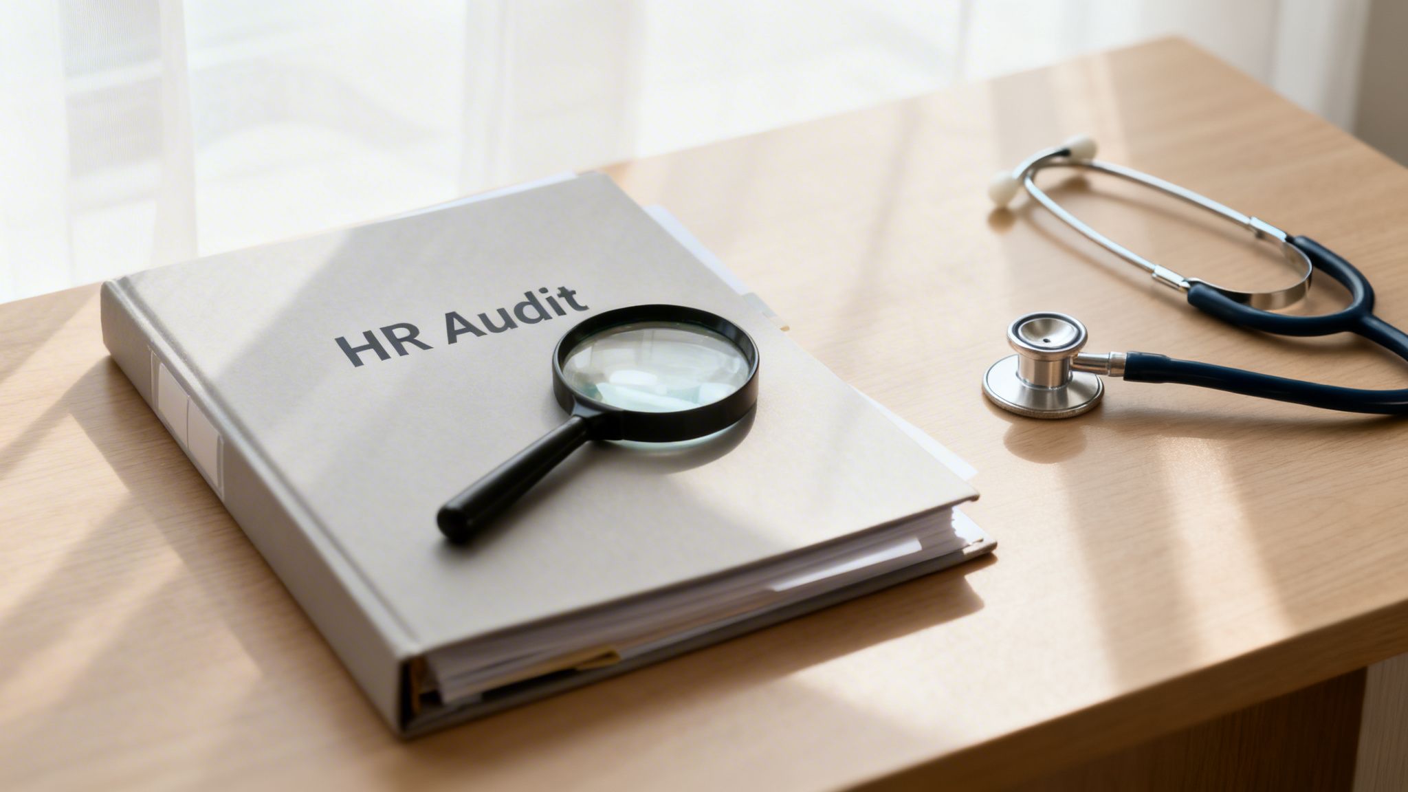 An HR professional reviewing documents at a desk, symbolizing the HR audit process.