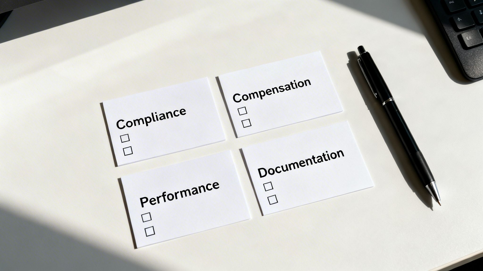 Four business cards on a white desk displaying 'Compliance', 'Compensation', 'Performance', and 'Documentation' with checkboxes, next to a pen and keyboard.