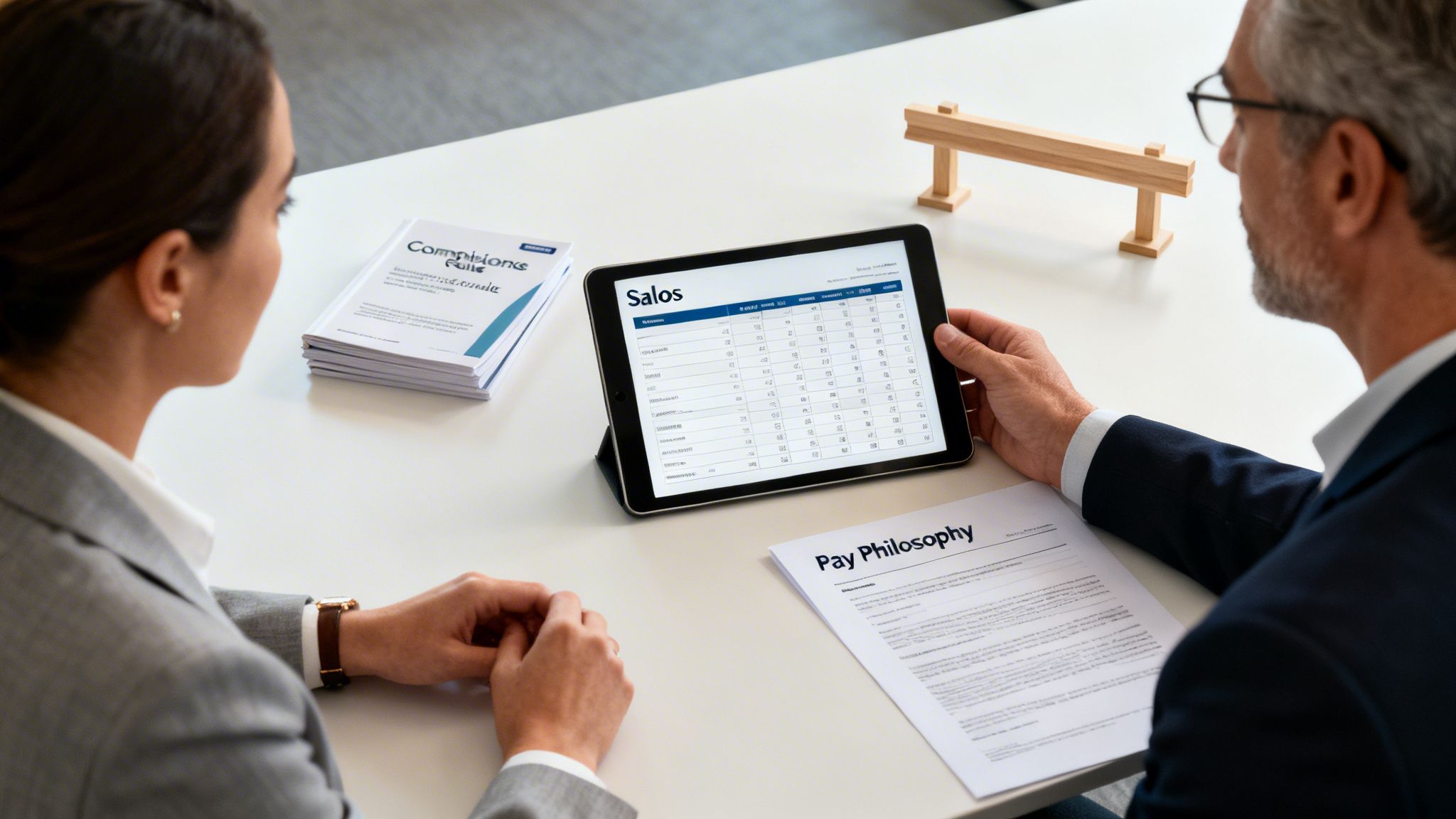A man and a woman review financial data on a tablet and documents during a meeting.