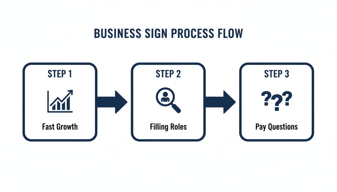 A business process flow diagram showing steps: Fast Growth, Filling Roles, and Pay Questions.