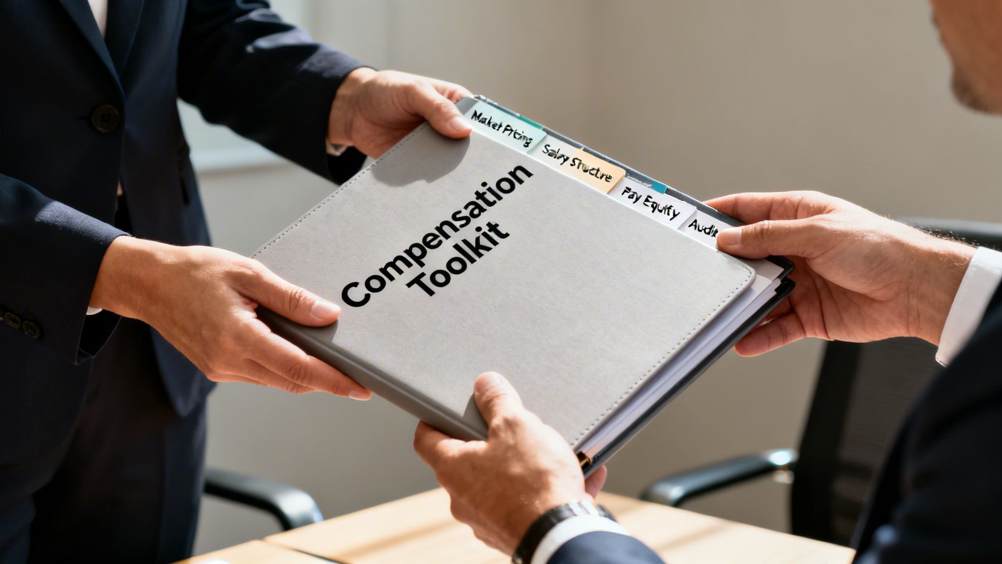 Two business professionals exchange a 'Compensation Toolkit' binder with tabs like 'Market Pricing' and 'Pay Equity'.