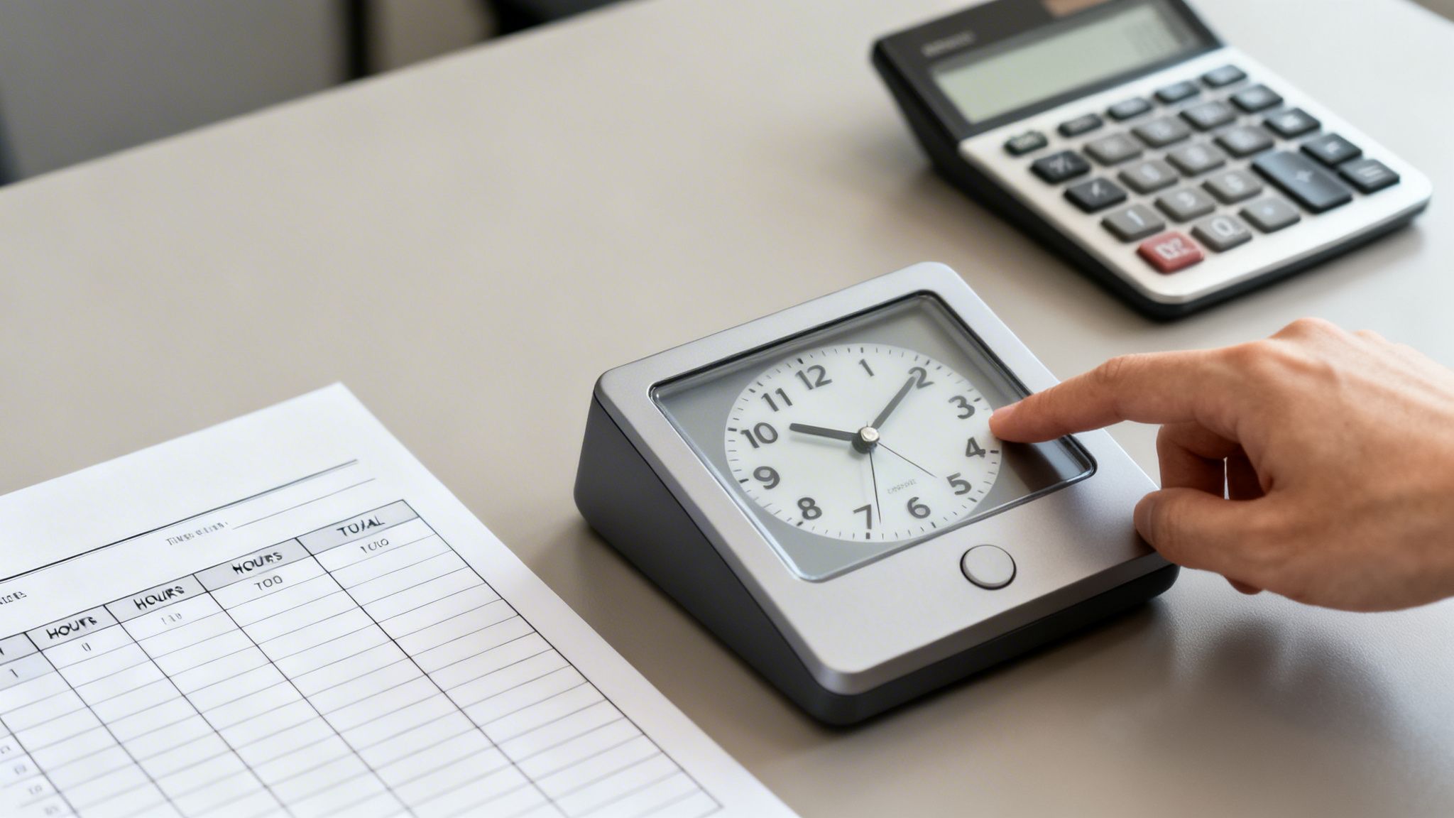 A person's hand presses a button on a desk clock, with a timesheet and calculator nearby.