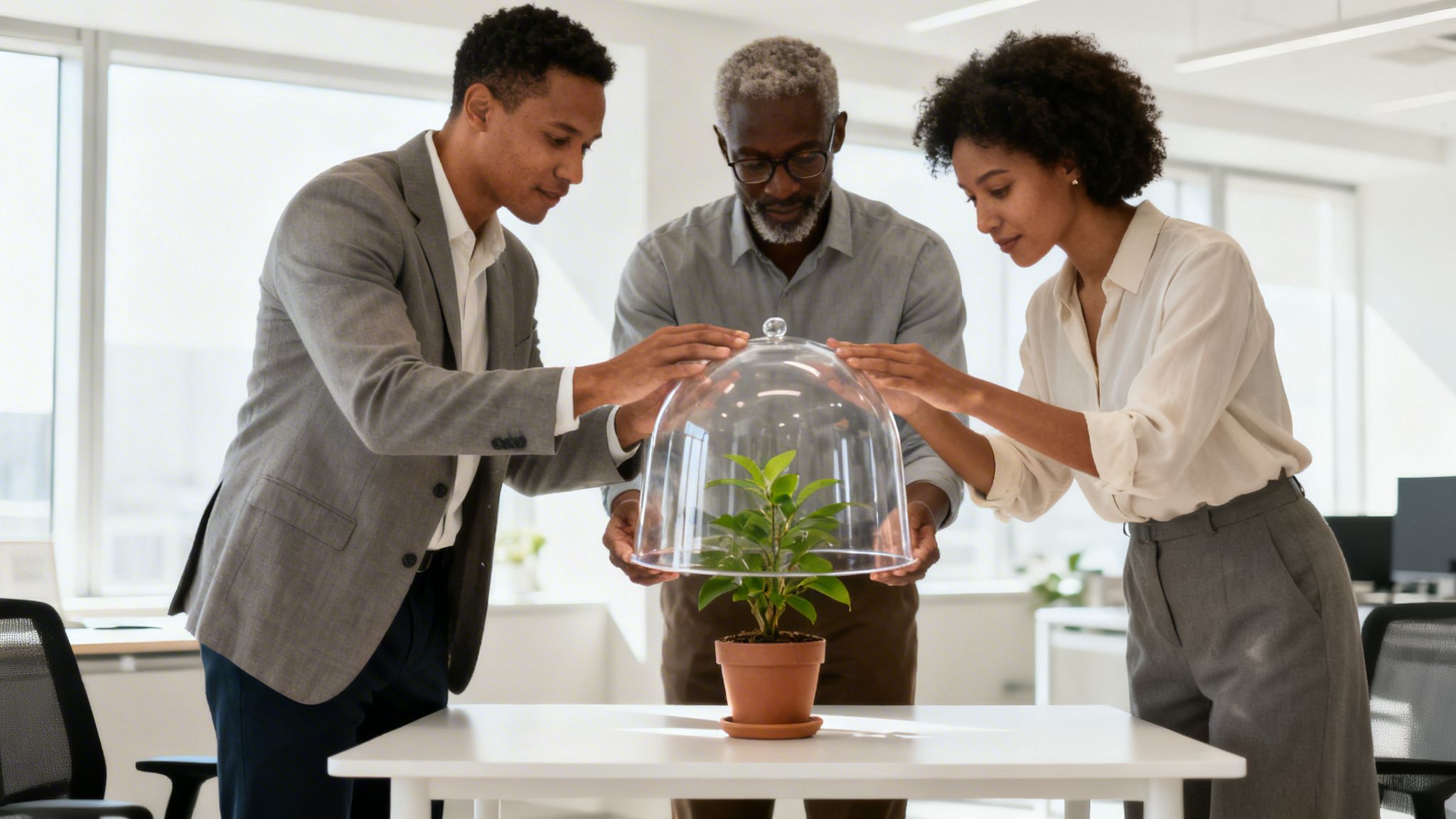 Three diverse professionals protect a small plant under a glass cloche in a modern office.