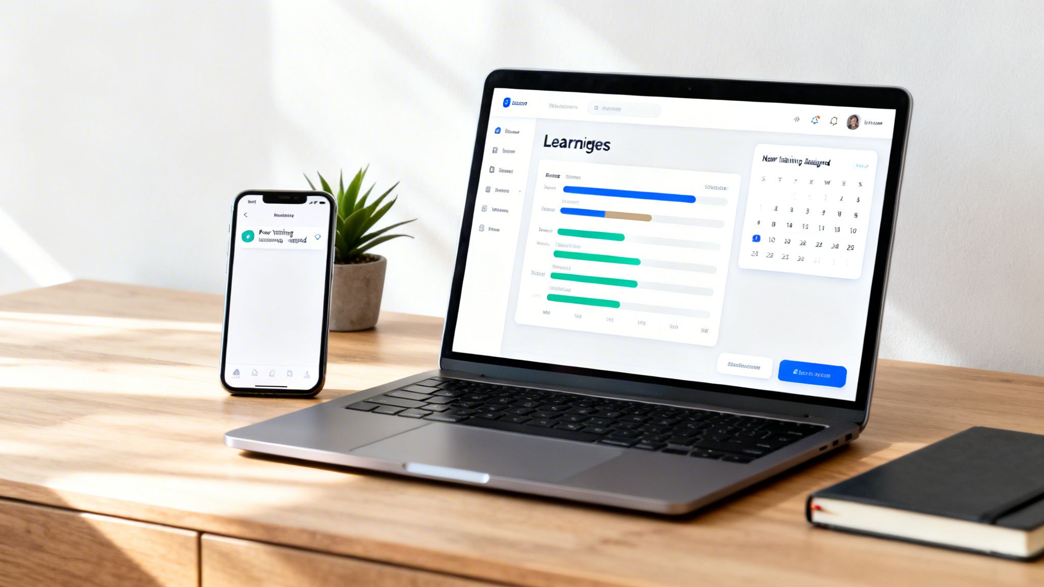 Laptop and smartphone on a wooden desk, displaying a compliance training dashboard and mobile notifications.