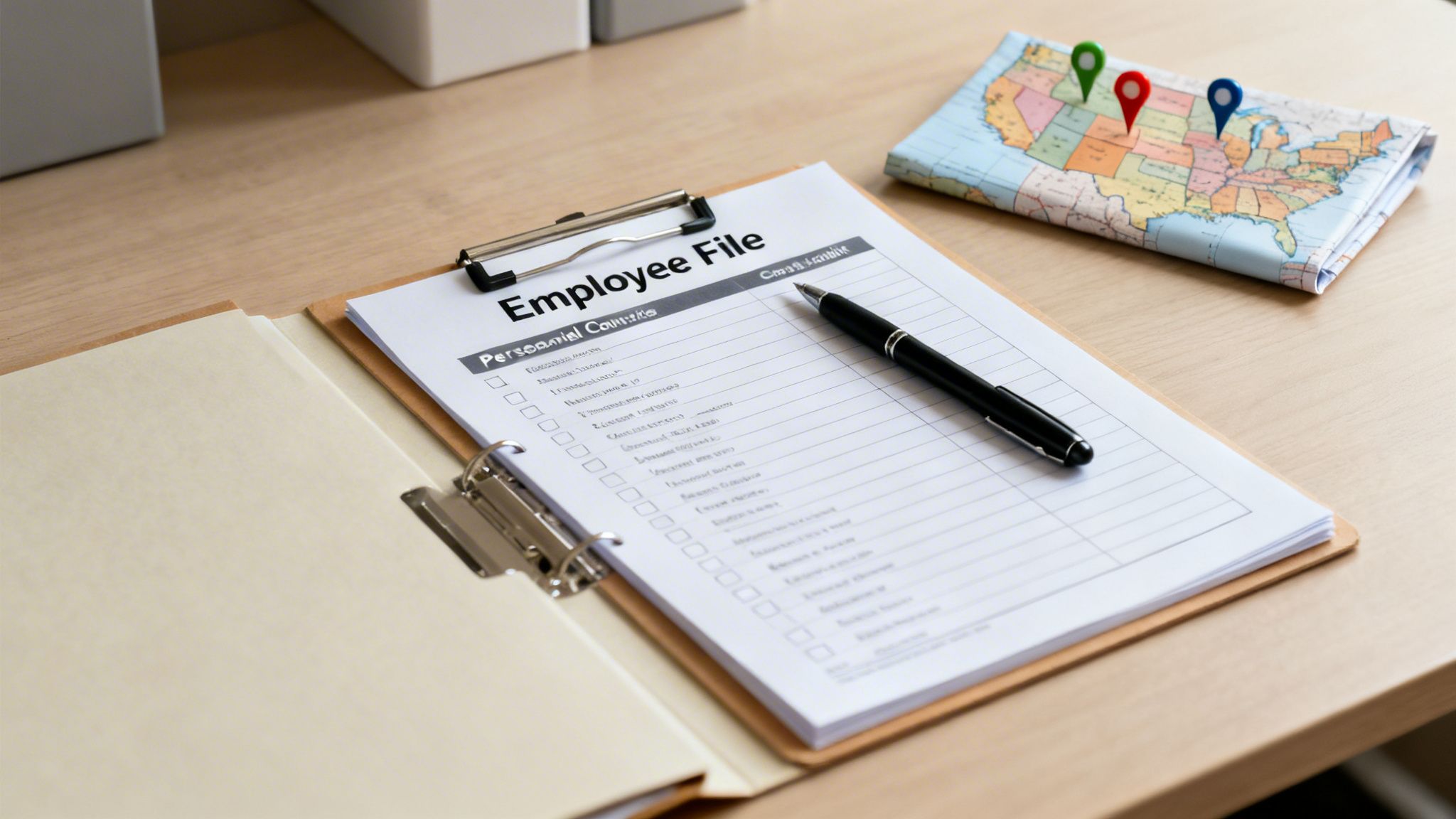 Overhead view of an employee file checklist, a black pen, and a USA map on a wooden table.