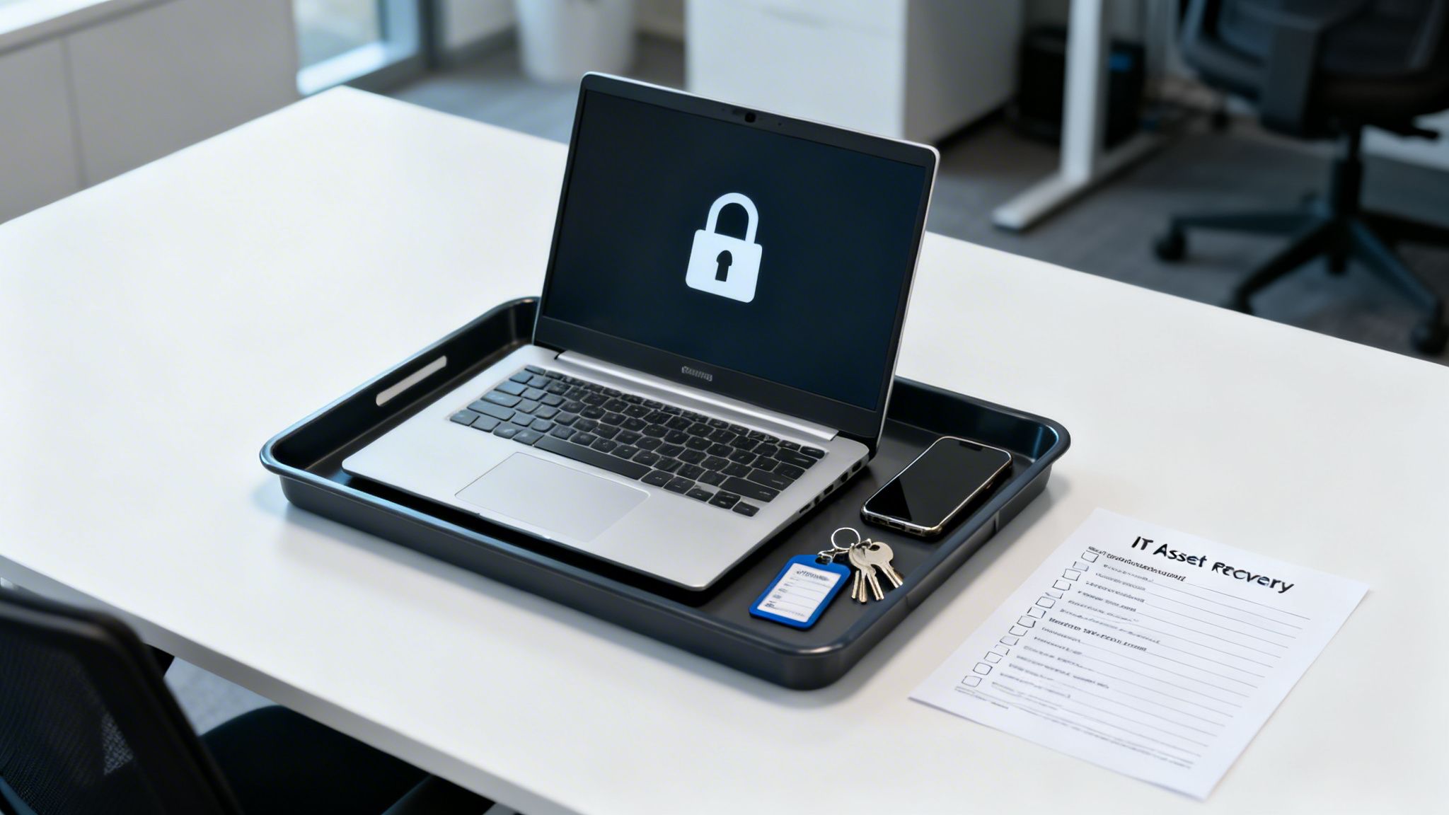 A laptop with a lock icon, smartphone, keys, and an 'IT Asset Recovery' checklist on a desk.