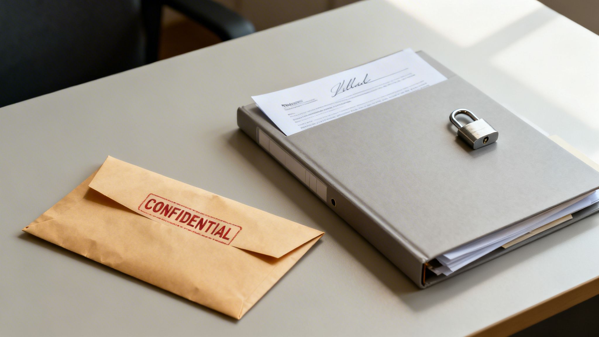A confidential envelope and a padlocked binder with important documents on a grey office desk.