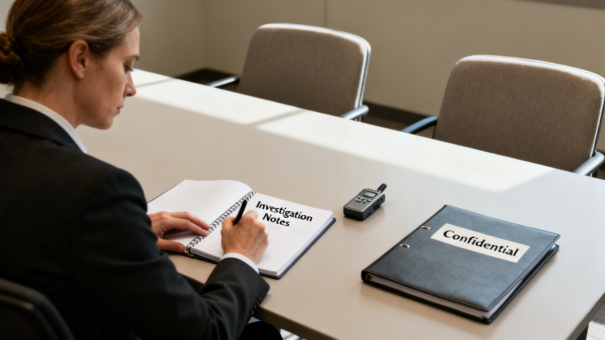 A person in a suit writes 'Investigation Notes' in a notebook, next to a 'Confidential' binder on a meeting table.