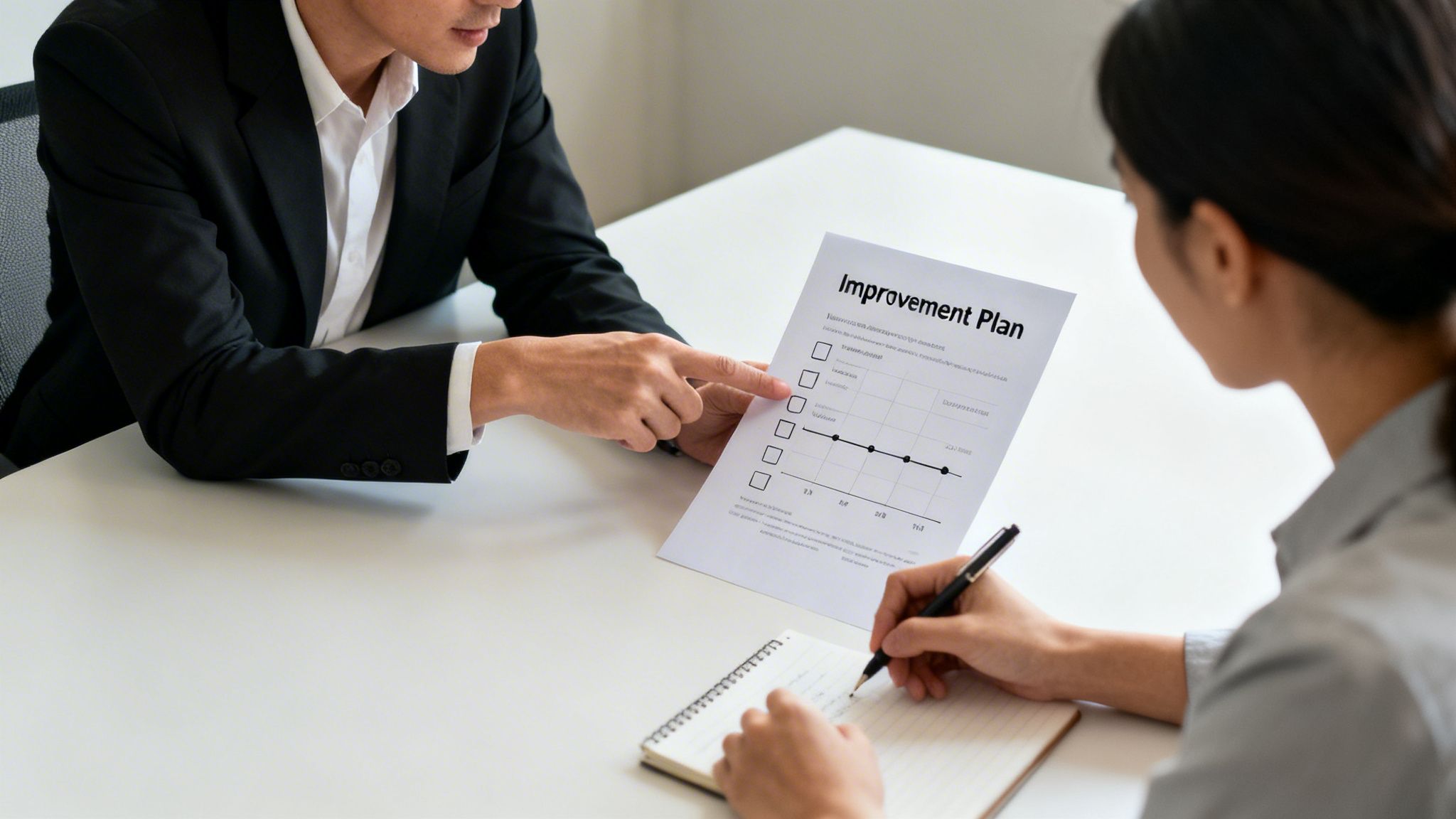 Two professionals review an 'Improvement Plan' document and take notes during a meeting.