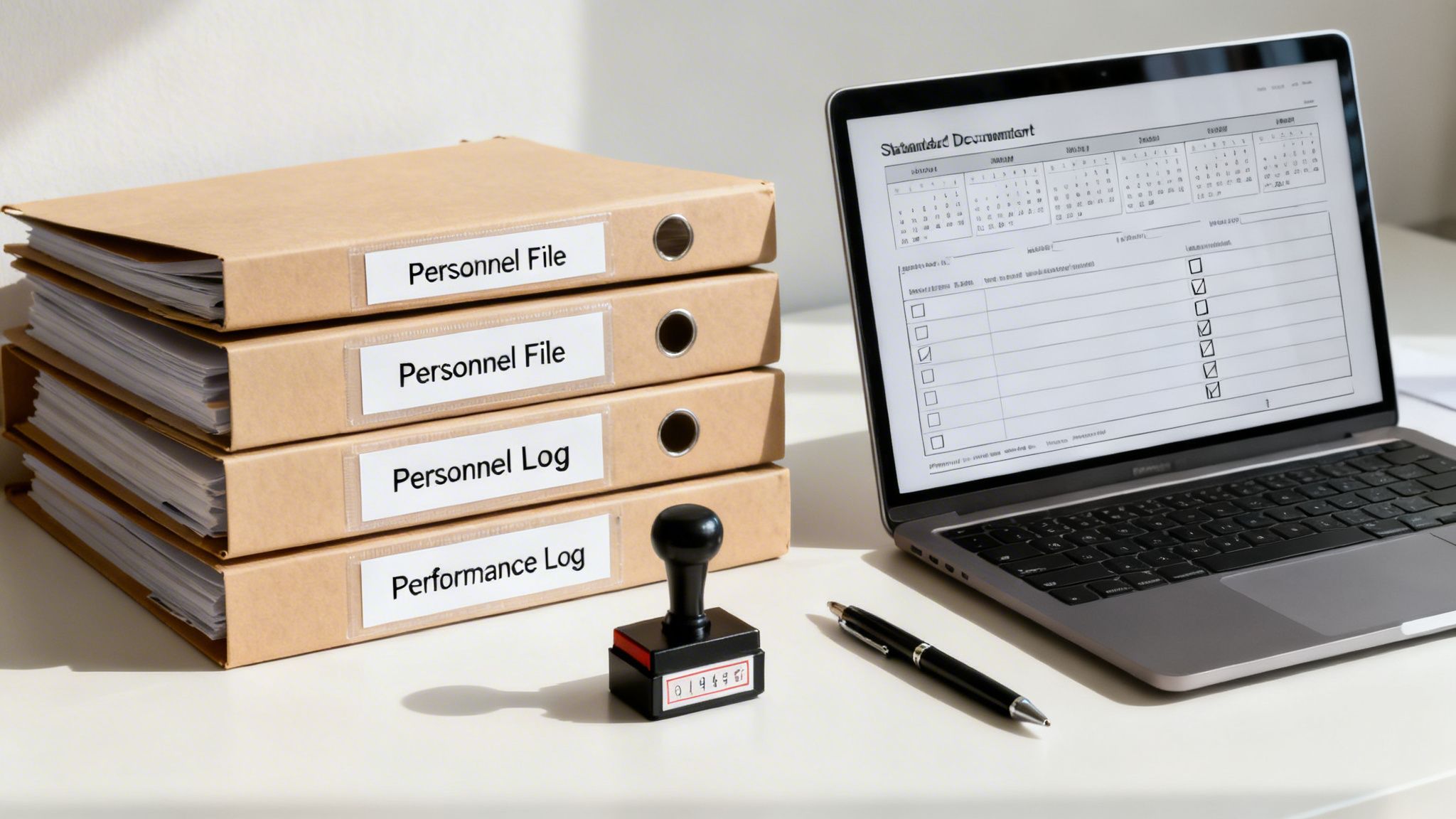 Stack of brown HR folders, a laptop displaying a checklist, a stamp, and a pen on a desk.