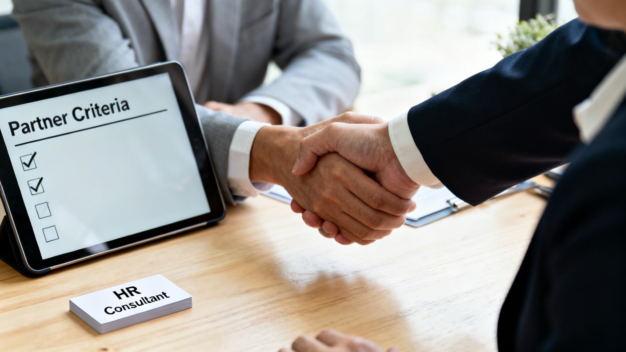 Two business professionals shake hands over a table with a tablet displaying partner criteria and HR consultant business cards.