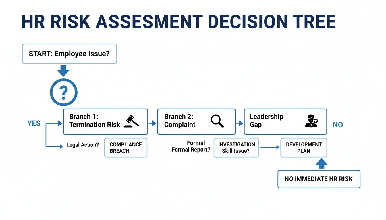 A flowchart outlining an HR risk assessment decision tree for employee issues, guiding through various branches and outcomes.