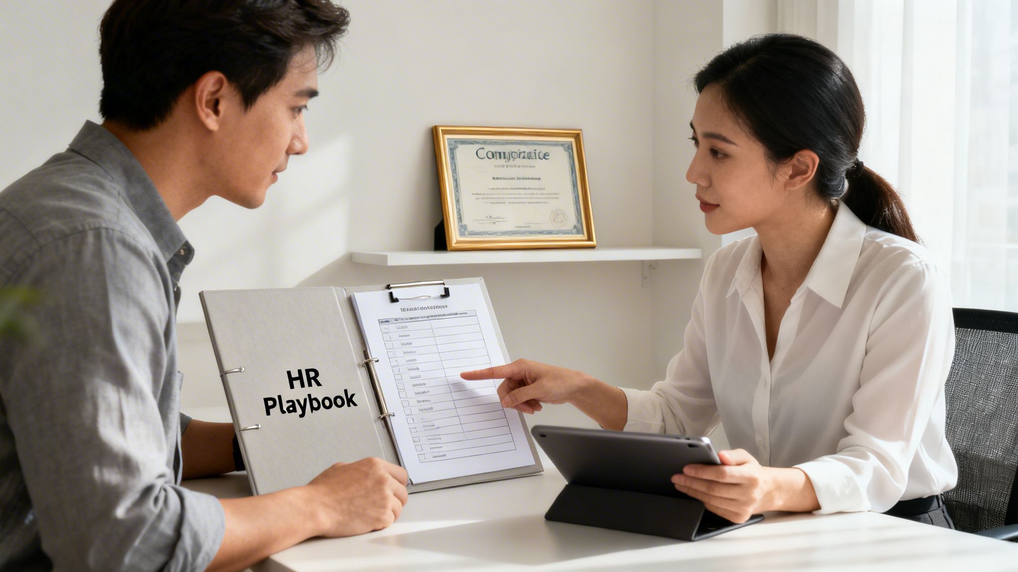 Two HR professionals review an 'HR Playbook' checklist, with one pointing at a document and holding a tablet.