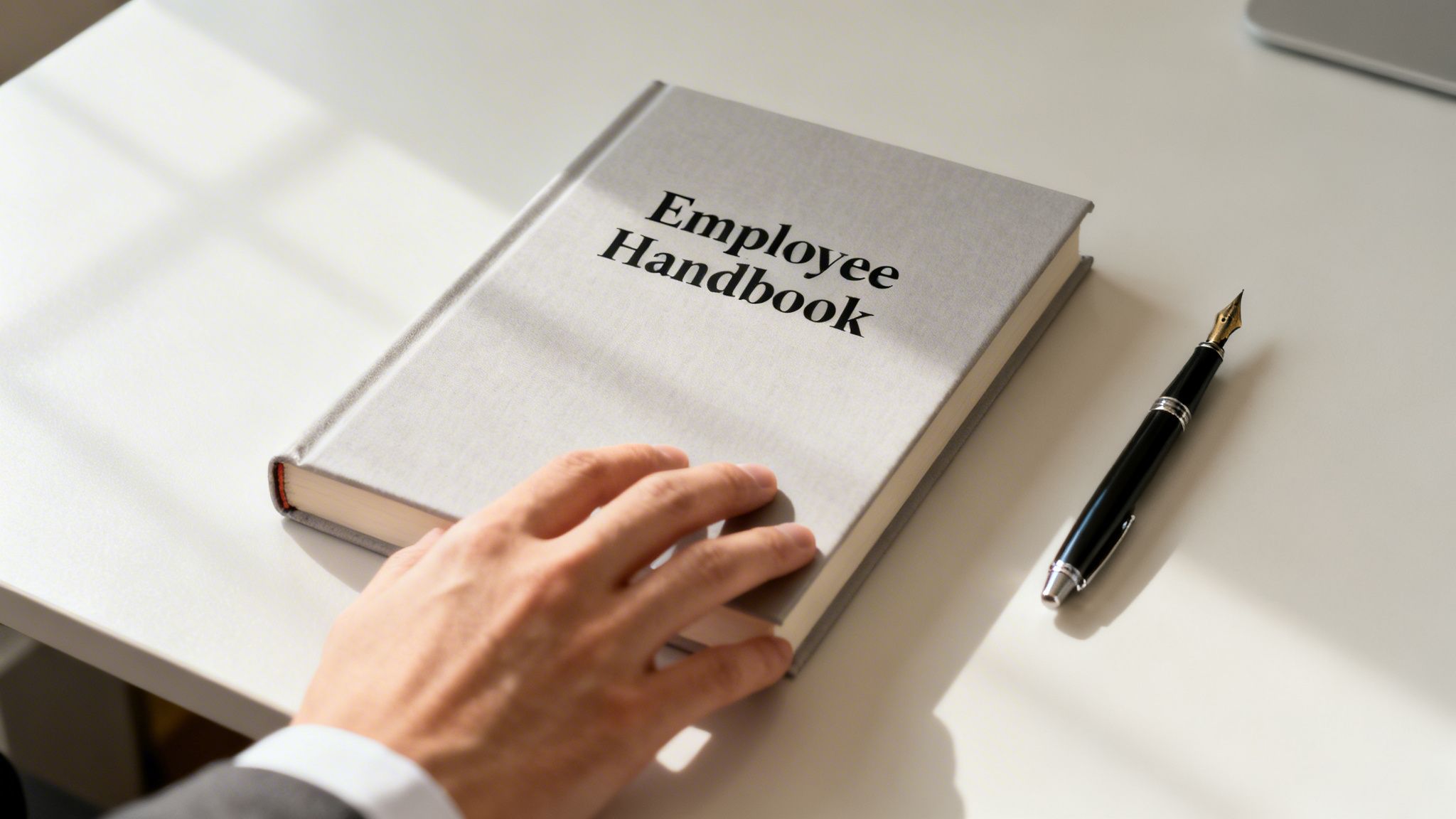 A person's hand rests on a gray Employee Handbook with a pen on a white desk.