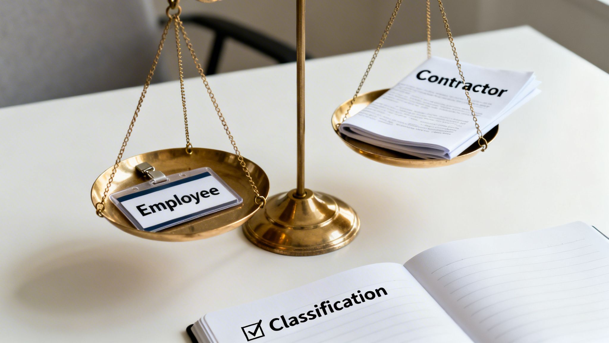 A golden scale balances an 'Employee' badge and 'Contractor' documents, highlighting worker classification.