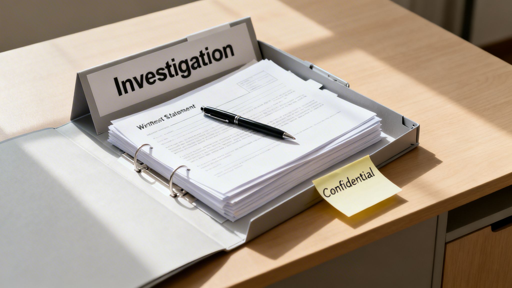 A ring binder with 'Investigation' sign, 'Witness Statement' papers, a pen, and a 'Confidential' sticky note on a wooden desk.