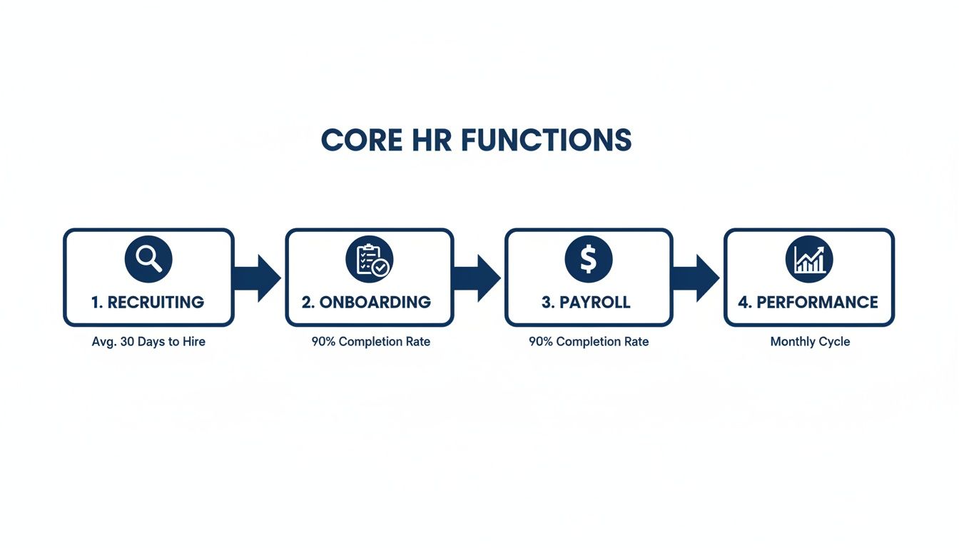 A diagram outlining core HR functions: recruiting, onboarding, payroll, and performance, with key metrics for each step.