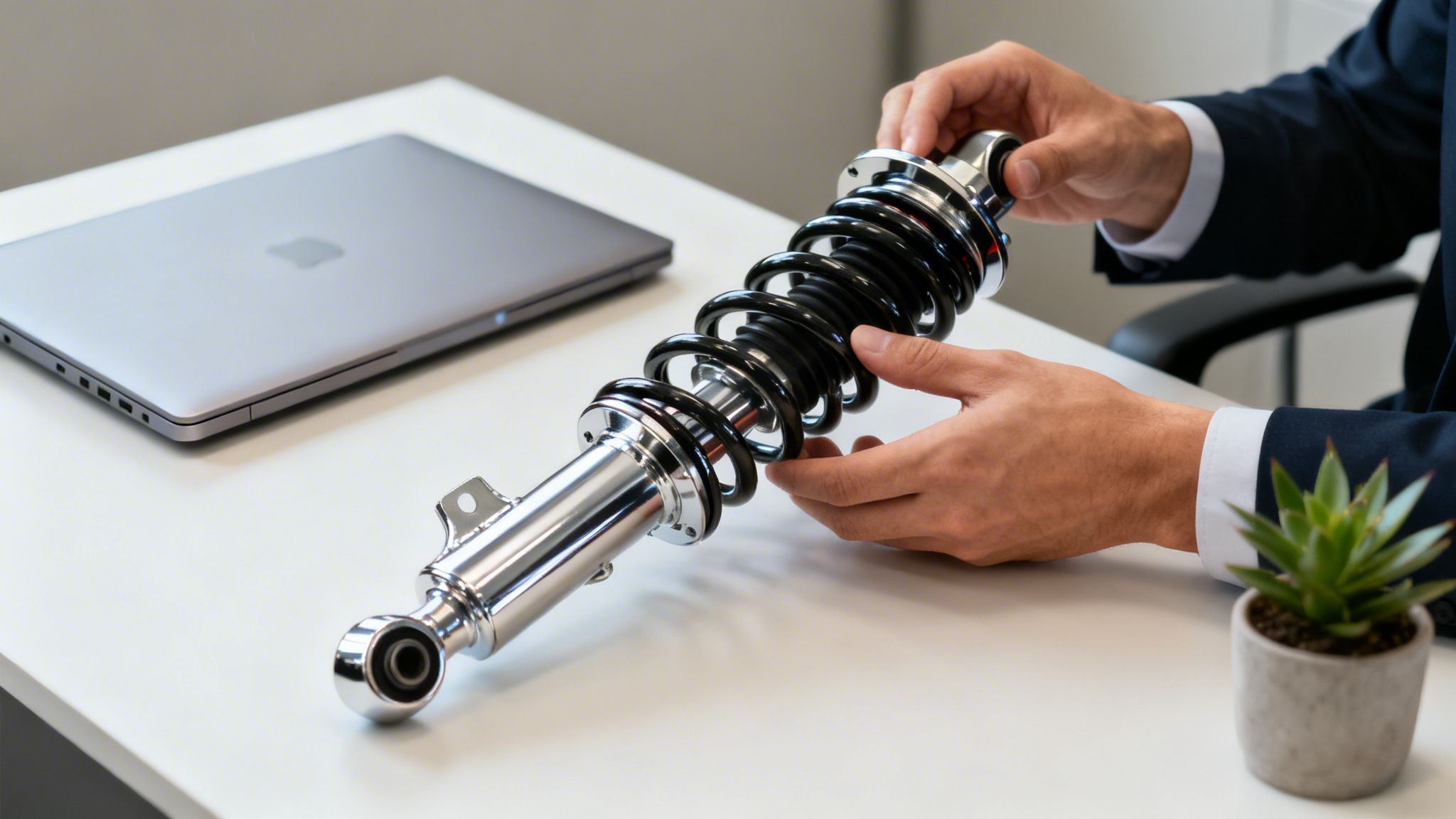 A person in a suit inspects a car shock absorber on a white desk with a laptop.