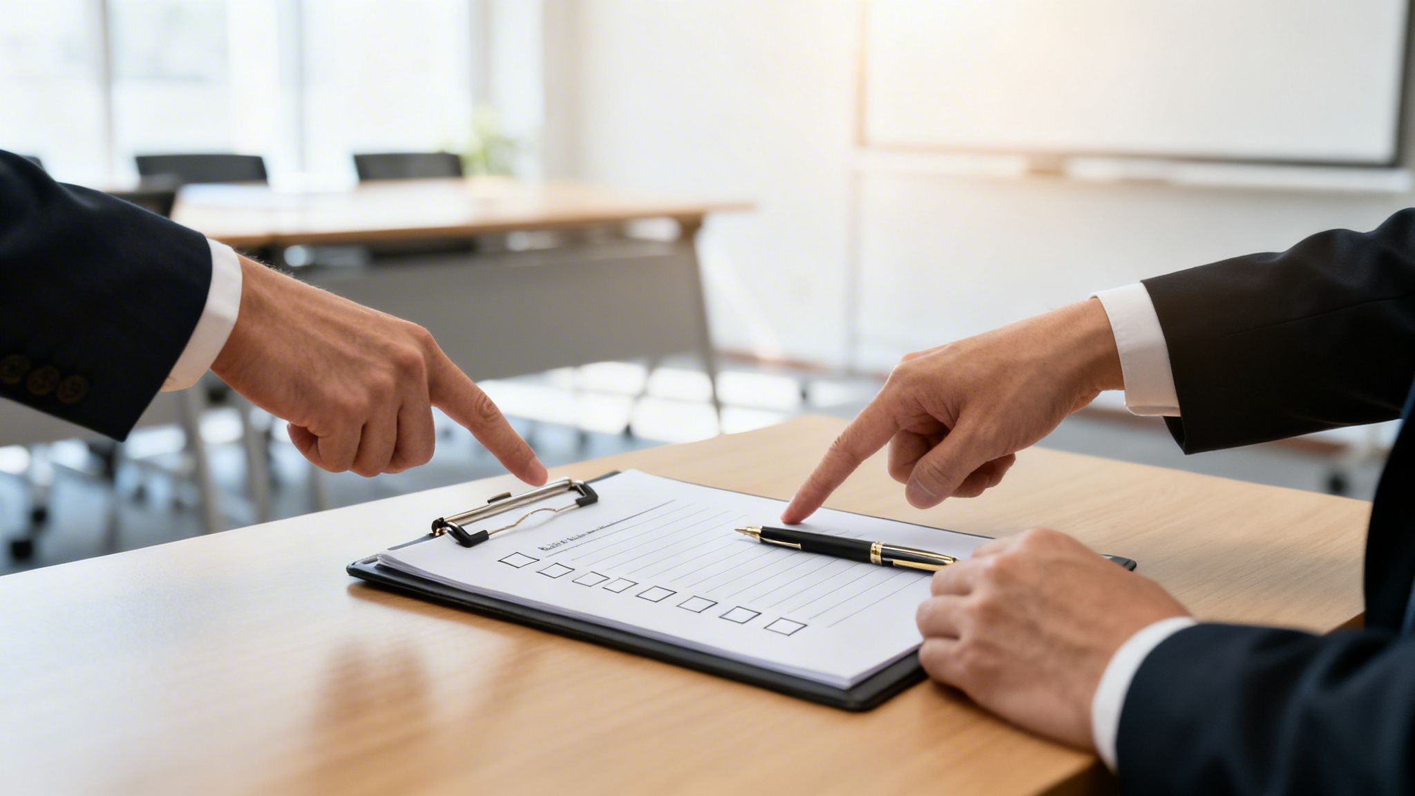 Two professionals in suits pointing at a checklist document with a pen on a wooden table.