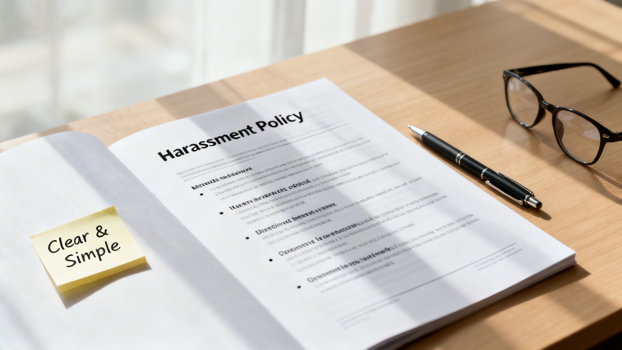 A document titled 'Harassment Policy' on a wooden desk with a 'Clear & Simple' sticky note, pen, and glasses.