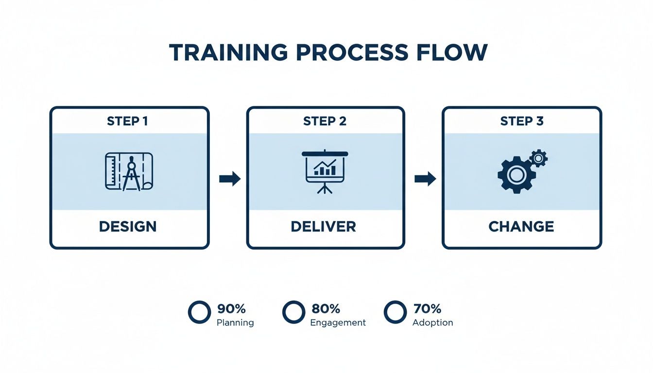 A three-step training process flow diagram showing design, deliver, and change, with planning, engagement, and adoption metrics.