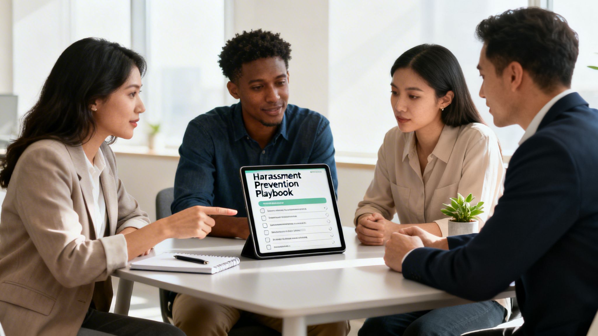 Diverse team discusses a harassment prevention playbook on a tablet during an office meeting.