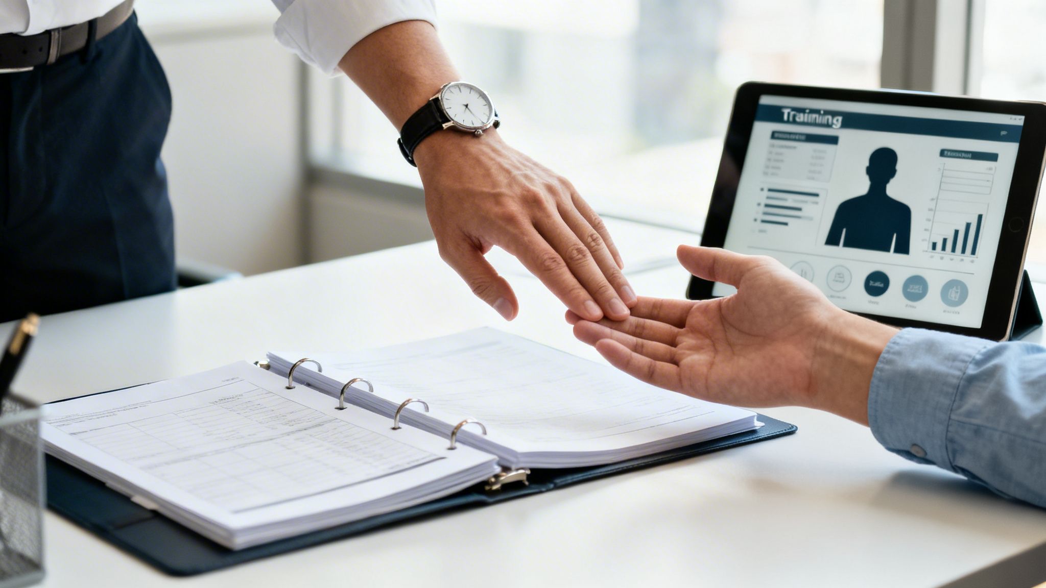 Two colleagues interacting professionally at a desk with a training tablet and binder.