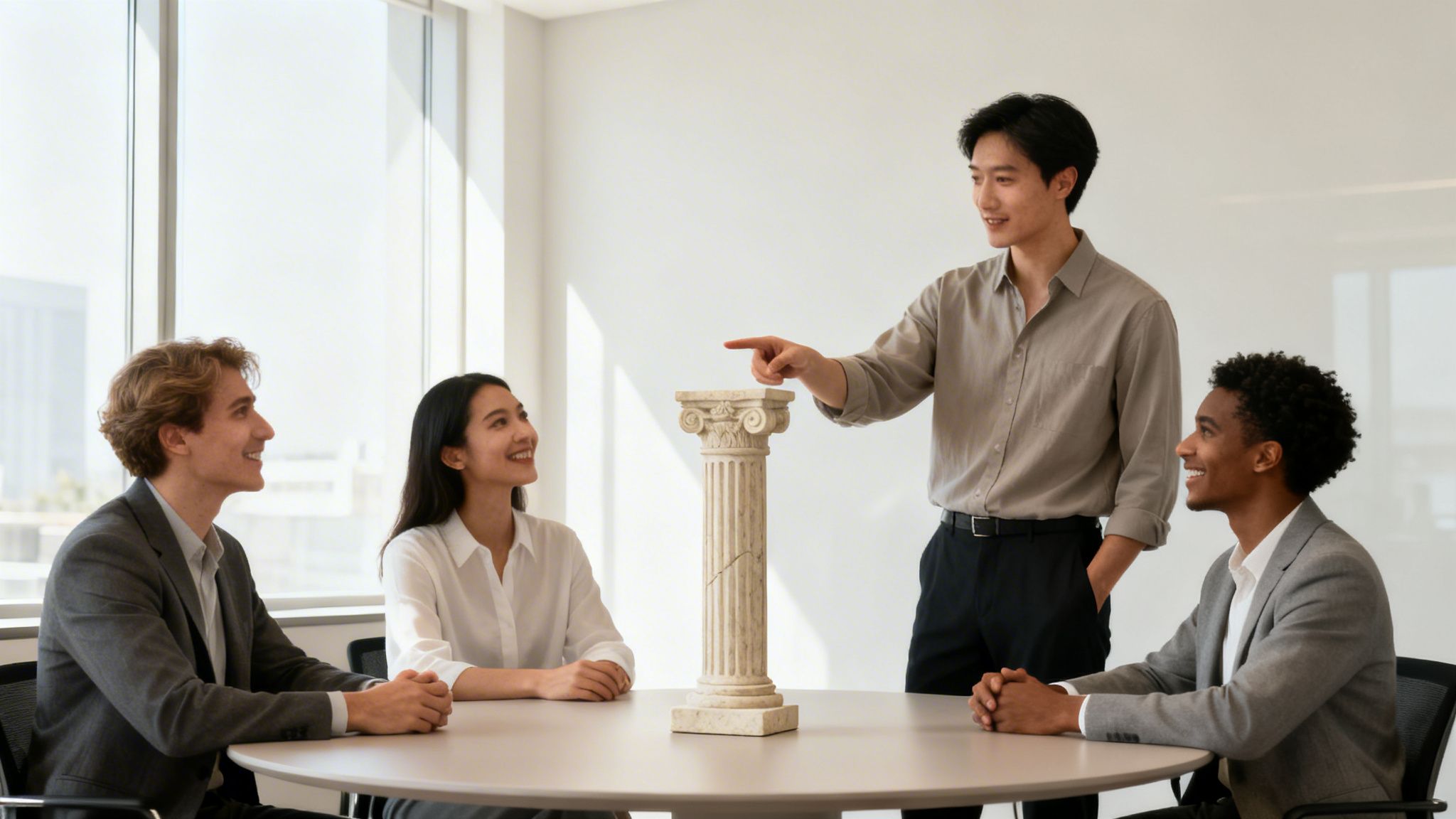 A diverse group of four professionals in a meeting, with one man pointing at a decorative column.