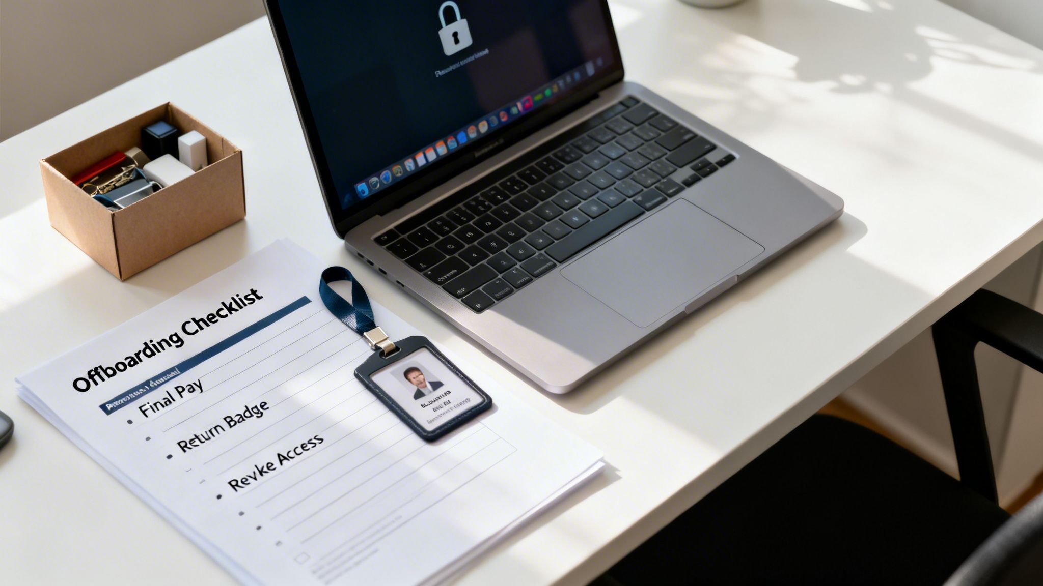 A desk with an offboarding checklist, a laptop on lock screen, and an employee ID badge, showing the termination process.