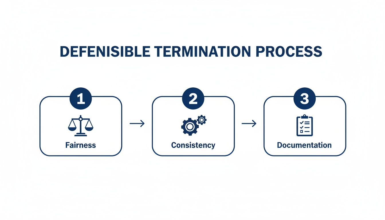 Infographic outlining a three-step defensible termination process: Fairness, Consistency, and Documentation, with icons.