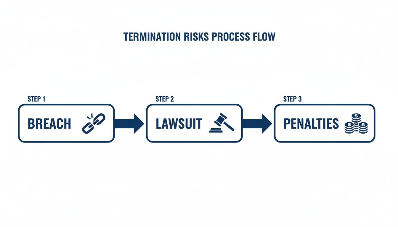 A flowchart showing the termination risks process: Step 1 is Breach, leading to Step 2, Lawsuit, which results in Step 3, Penalties.