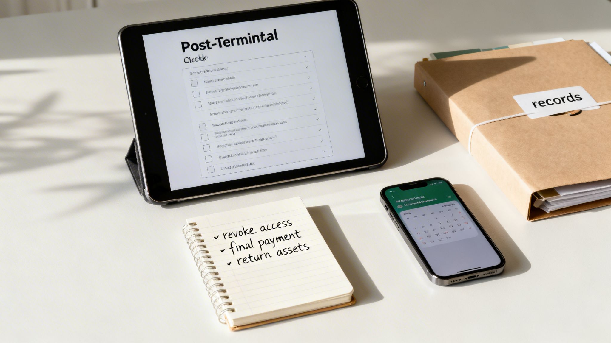 A tablet showing a 'Post-Terminal' checklist, a notebook with 'revoke access' tasks, a smartphone, and a records folder on a desk.
