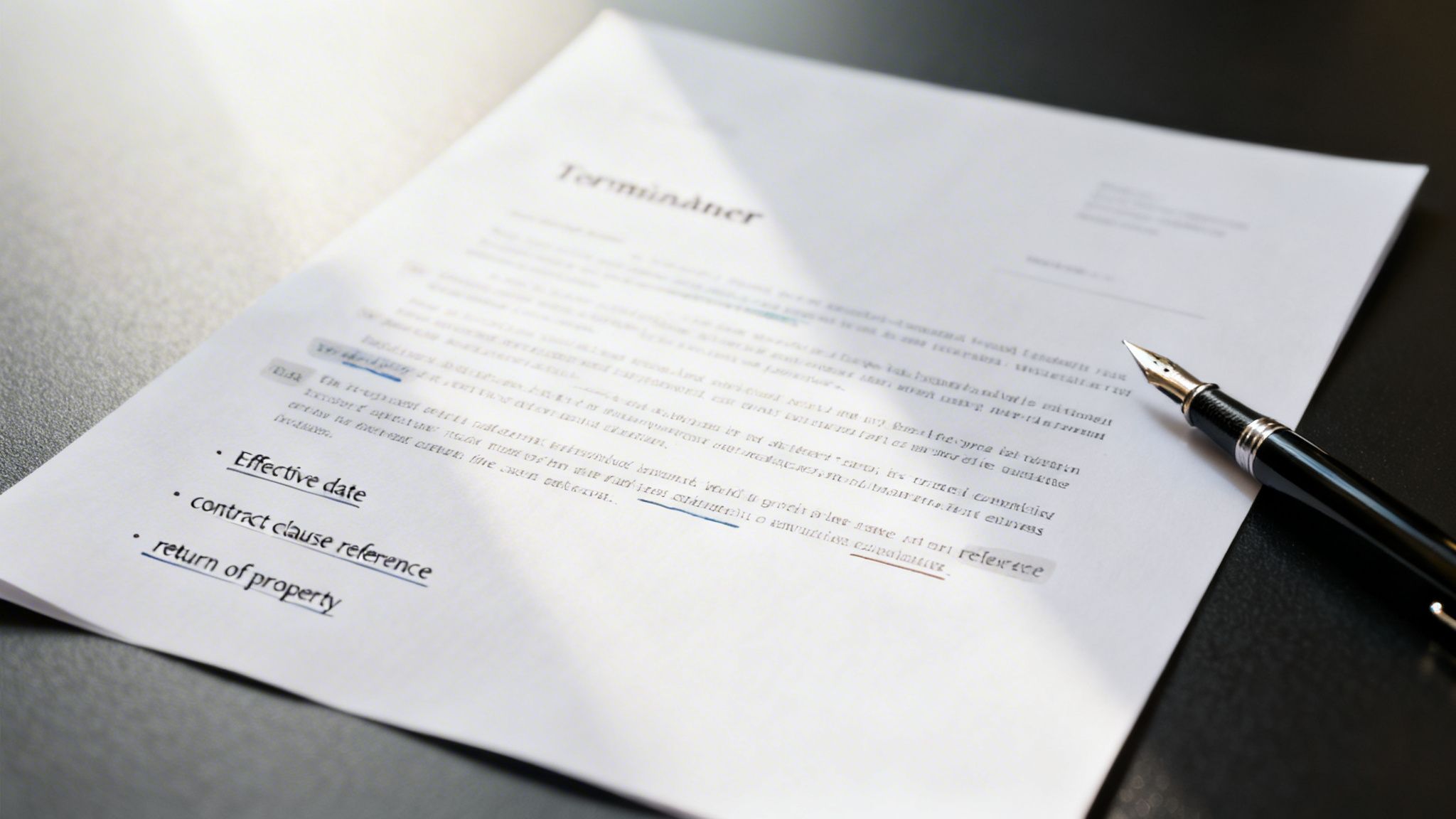 A close-up of a contract or termination letter with bullet points and a black fountain pen.