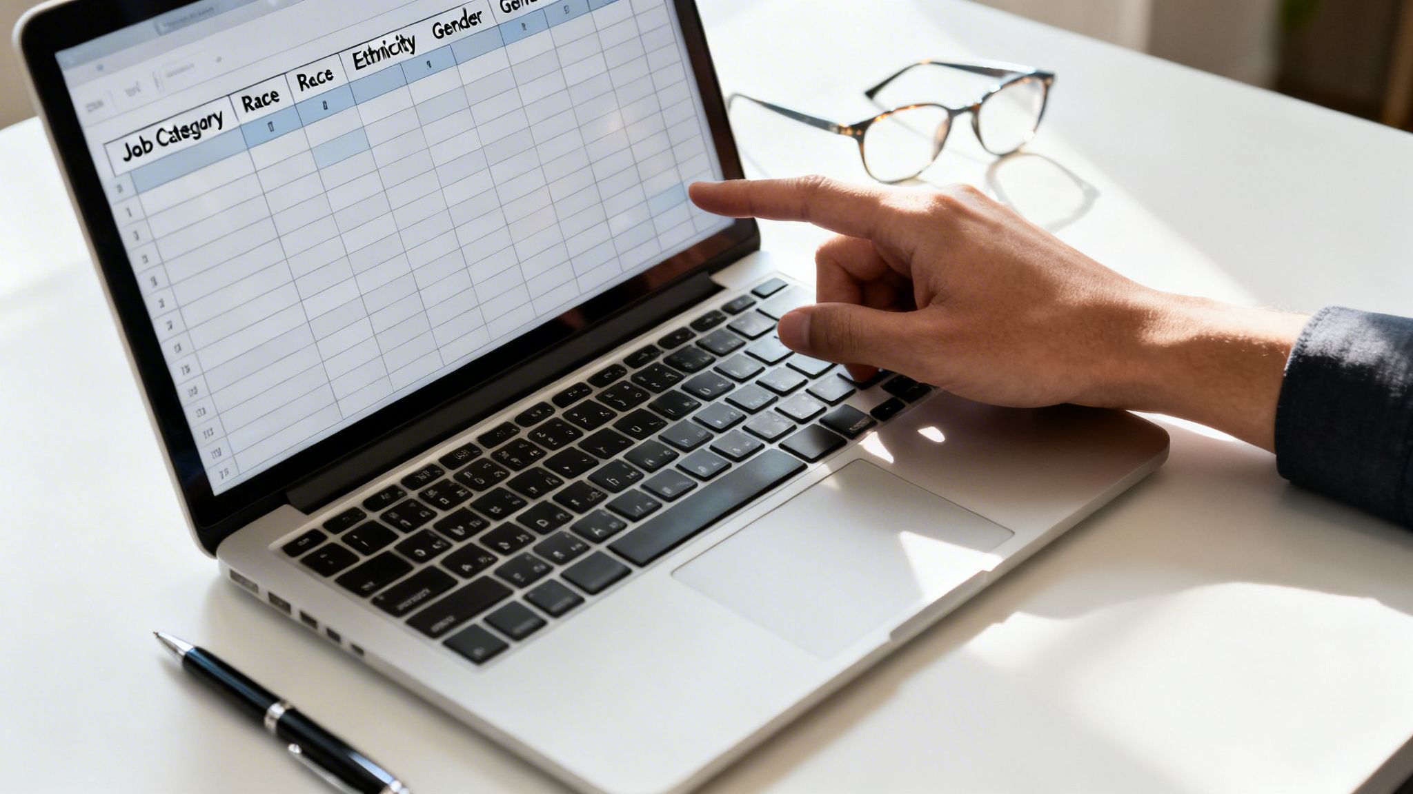 A hand points at a laptop screen displaying an EEO-1 report with diversity data columns.