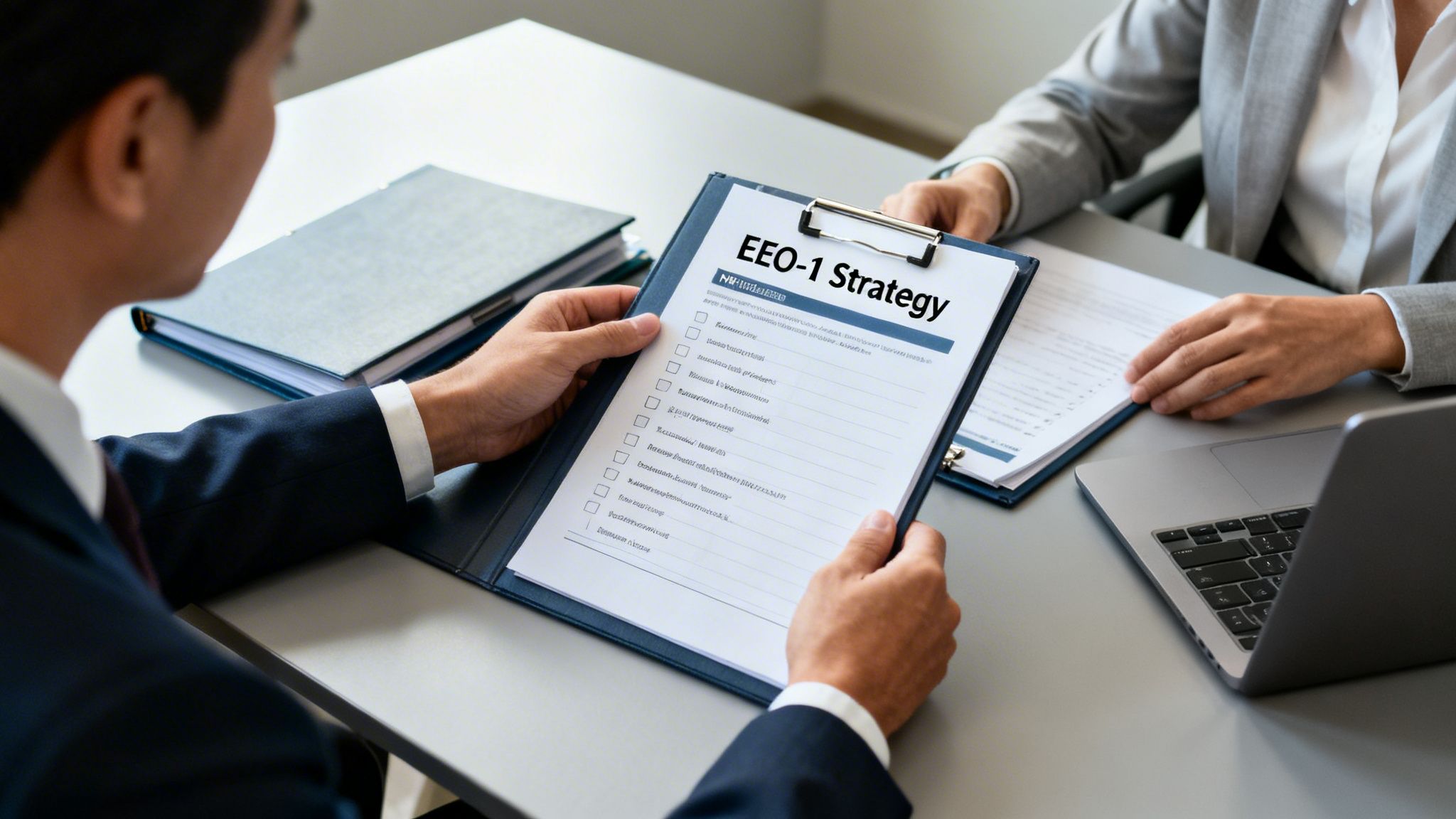 Two professionals discussing an EEO-1 Strategy document in a modern office setting.