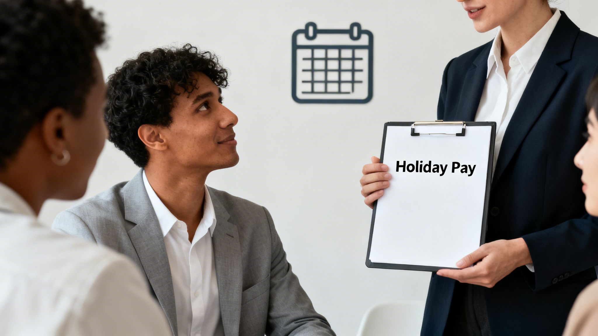 A professional woman in a suit presents a 'Holiday Pay' document to two colleagues during a meeting, with a calendar icon in the background.