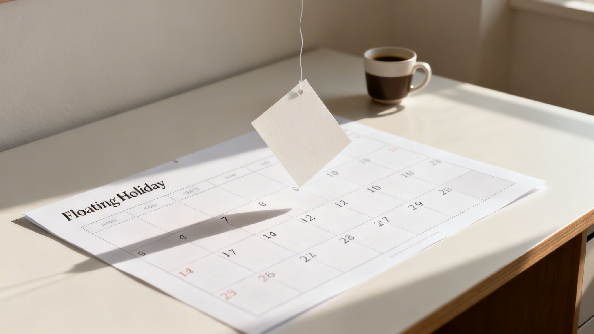 A 'Floating Holiday' calendar page on a desk with a blank card hanging and a coffee cup.