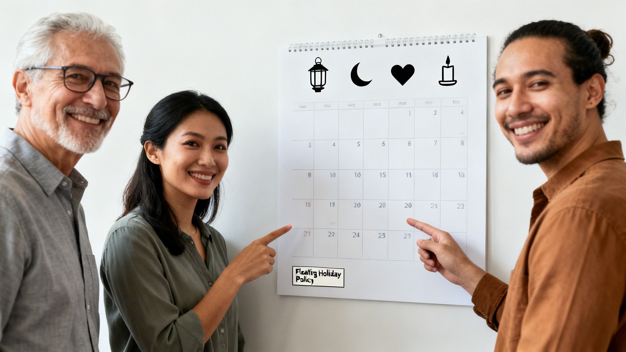 Diverse team smiling and pointing at a calendar displaying "Floating Holiday Policy."