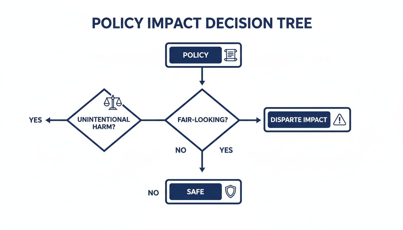 A policy impact decision tree flowchart evaluating if a policy is fair-looking, leads to disparate impact, unintentional harm, or is safe.