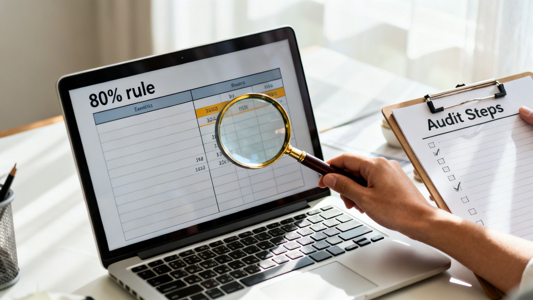 A person analyzing data on a laptop with a magnifying glass and checking off 'Audit Steps' on a clipboard.