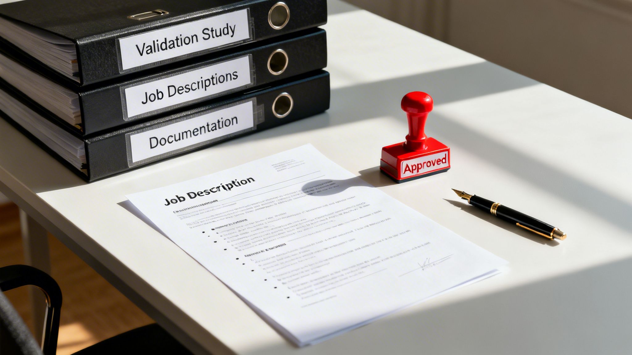 Office desk with binders labeled 'Validation Study', 'Job Descriptions', 'Documentation', a 'Job Description' document, and an 'Approved' stamp.