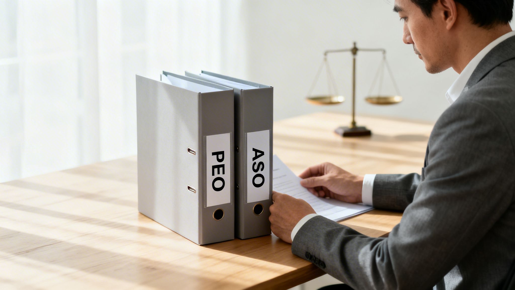 A man reviews documents on a desk with PEO and ASO binders, and a scale of justice.