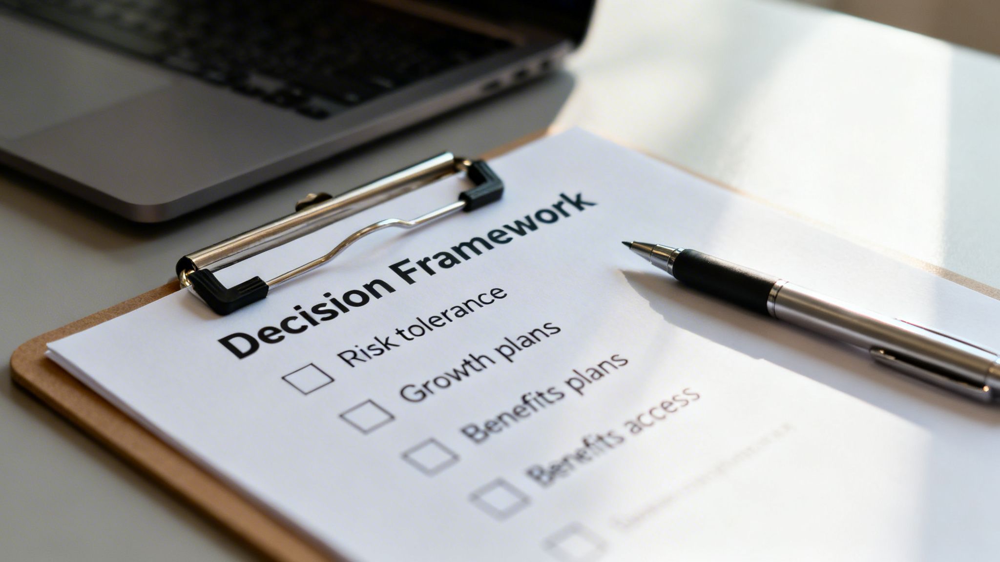 Close-up of a 'Decision Framework' document on a clipboard with a pen and laptop.