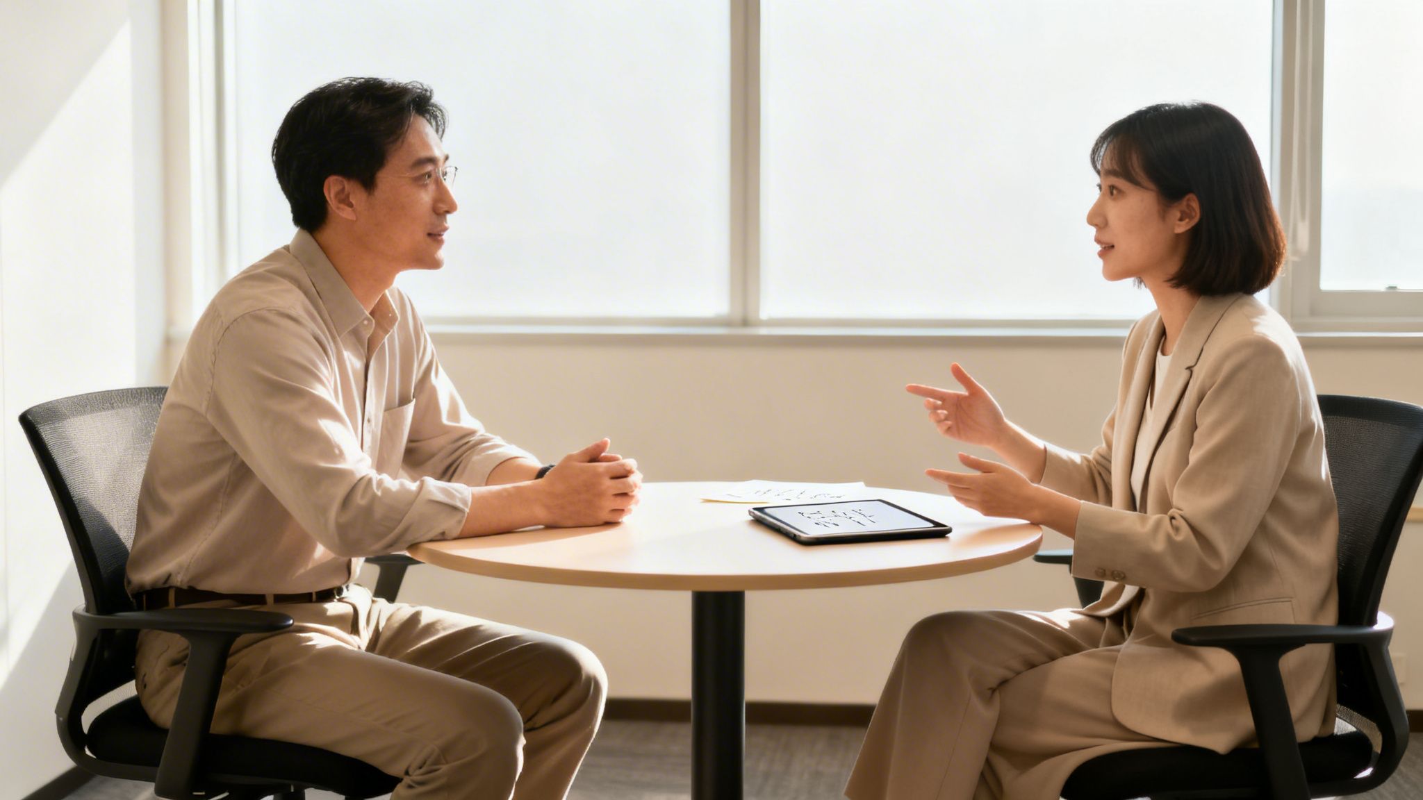 Two professionals discussing work at a light-filled round table with a tablet in an office.