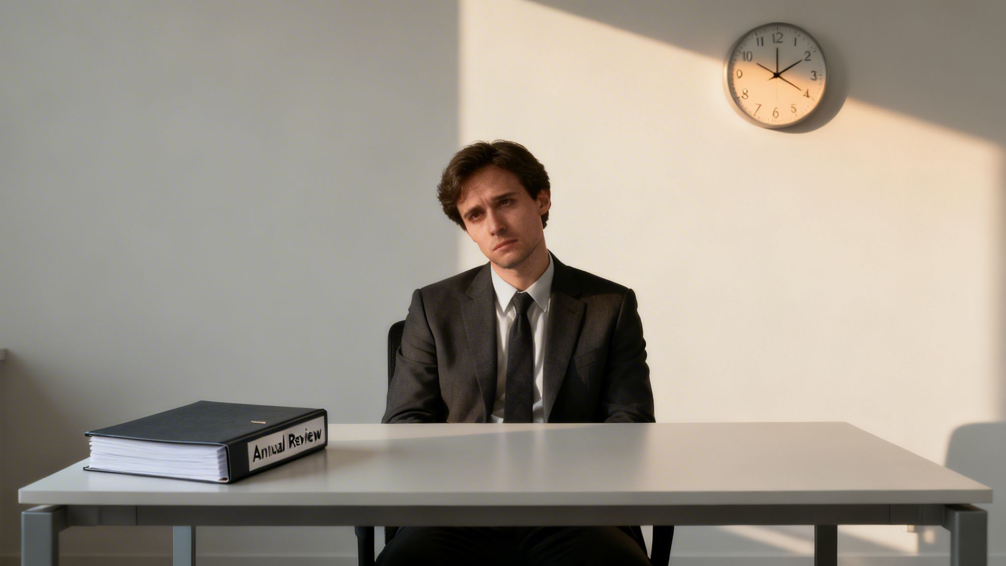A man in a suit sits at a desk with an 'Annual Review' binder, looking serious.