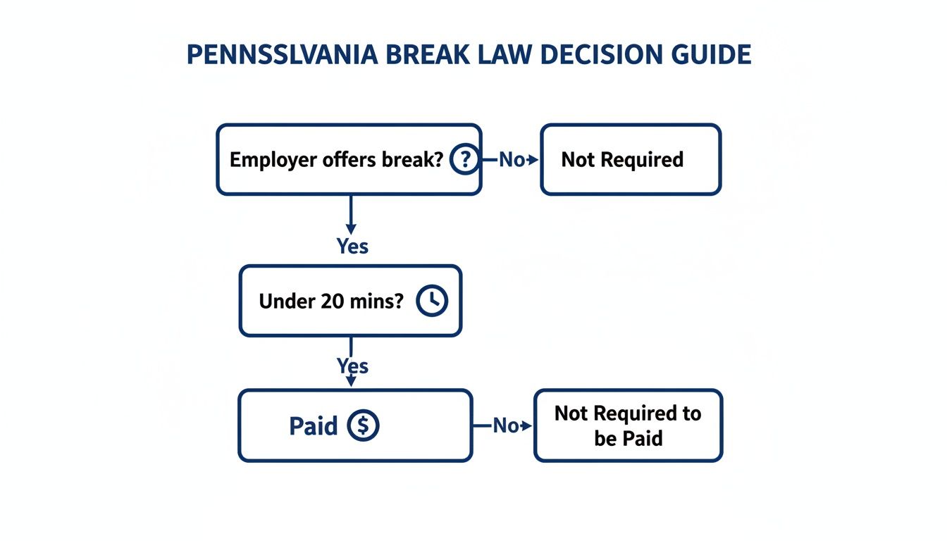 Flowchart illustrating Pennsylvania break law decisions regarding employer-offered breaks, duration, and payment.