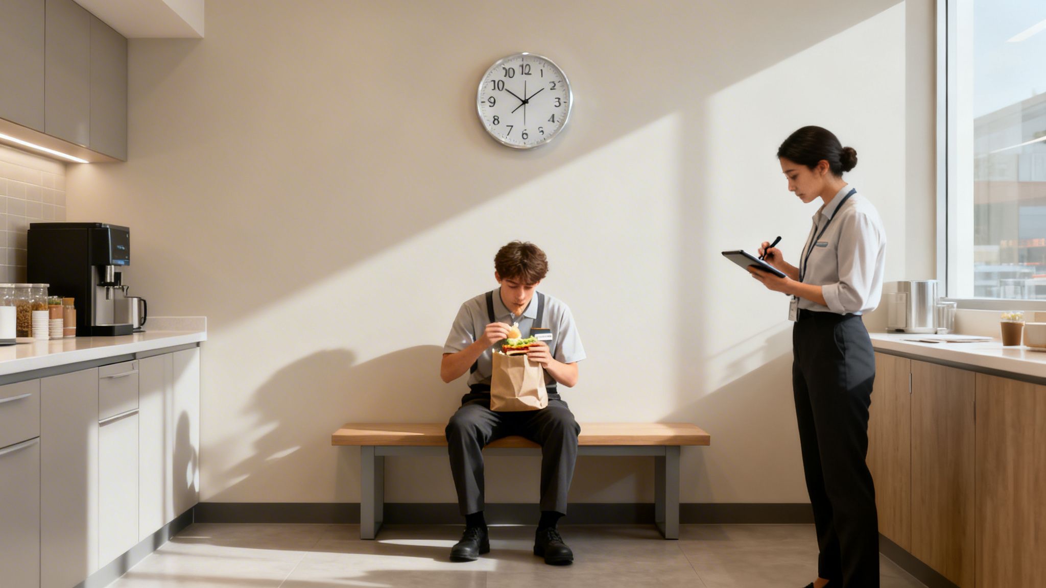 Two professionals in a modern office break room, one eating lunch, the other using a tablet.