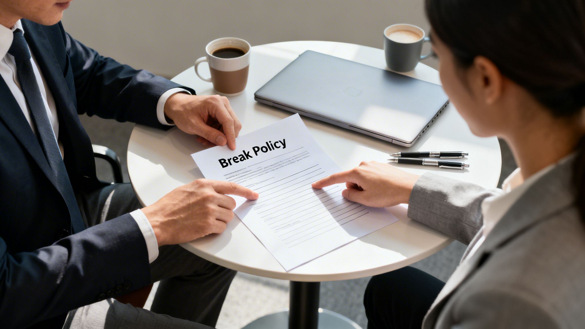 Two business professionals discussing a break policy document, pointing at text during a meeting.
