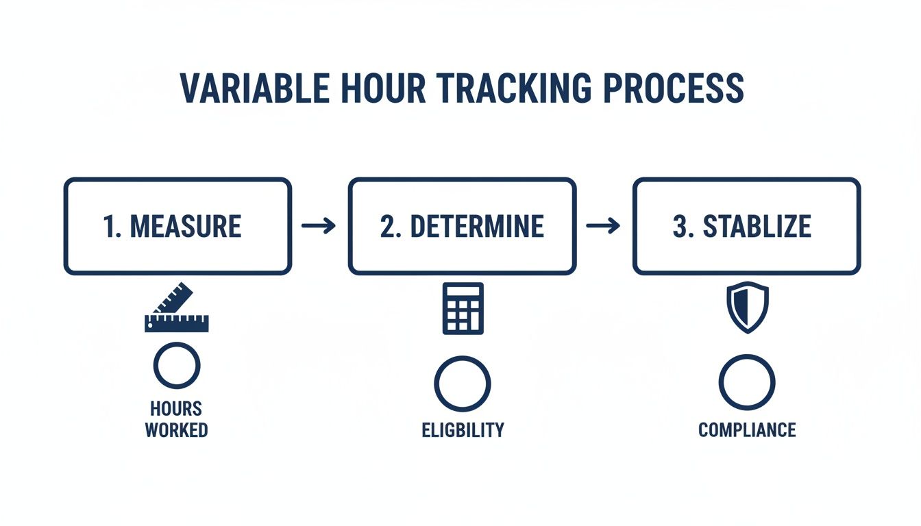 Flowchart illustrating the variable hour tracking process, detailing steps for measuring hours, determining eligibility, and stabilizing compliance.