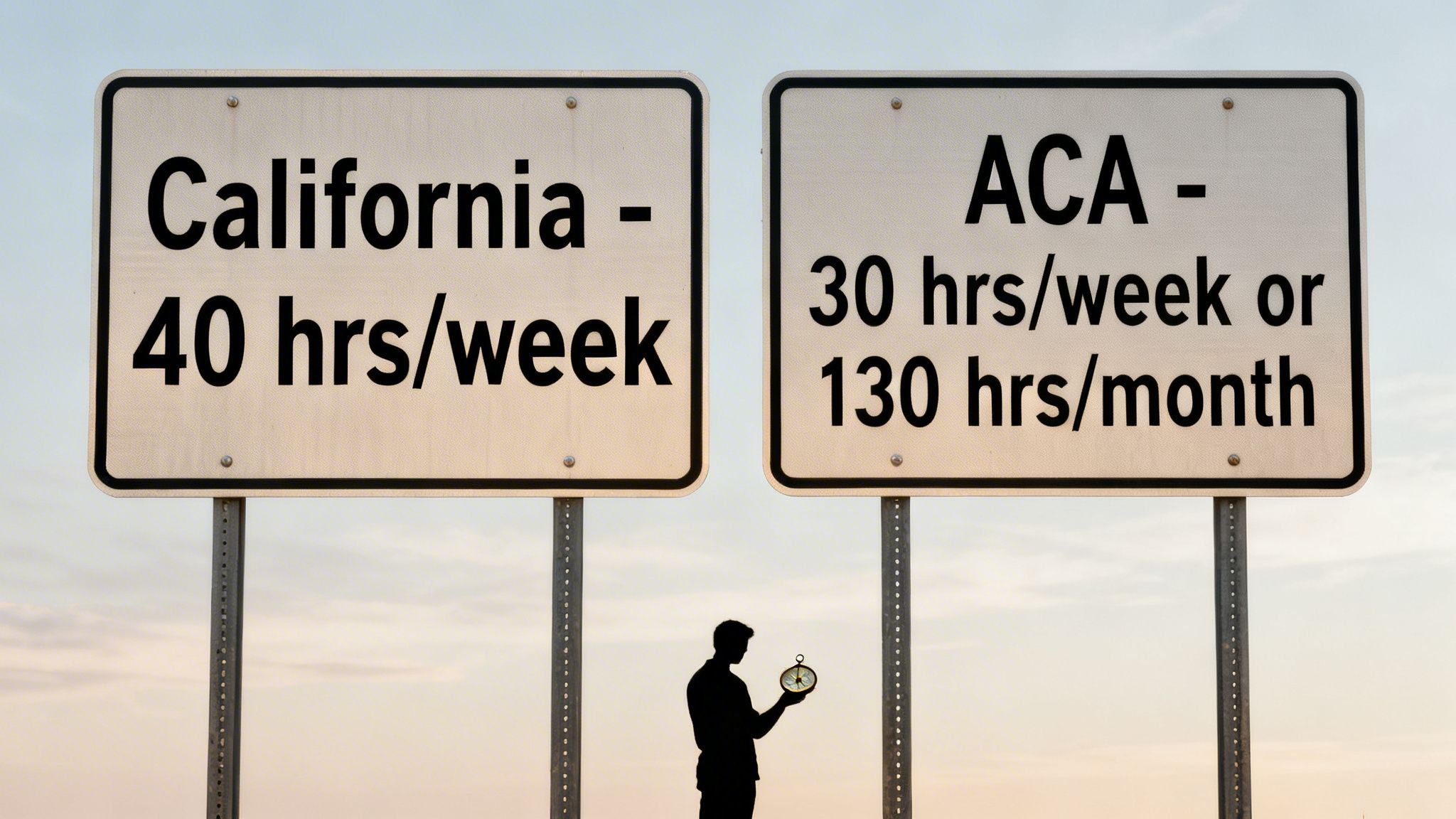 A person holding a clock stands between two signs detailing full-time hours for California and ACA.